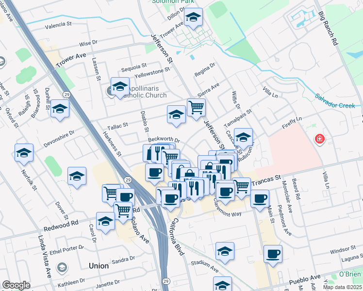 map of restaurants, bars, coffee shops, grocery stores, and more near 3565 Beckworth Drive in Napa