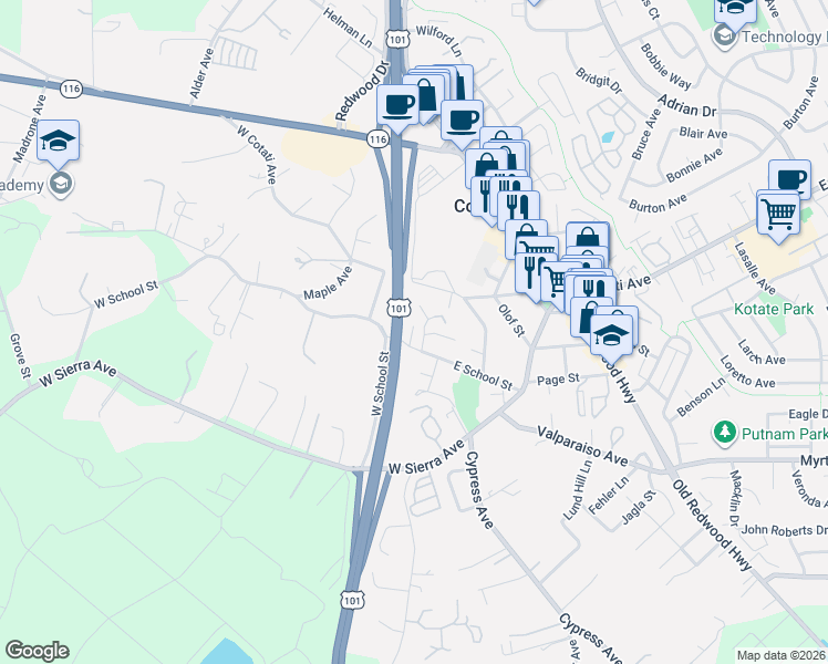 map of restaurants, bars, coffee shops, grocery stores, and more near 388 East School Street in Cotati
