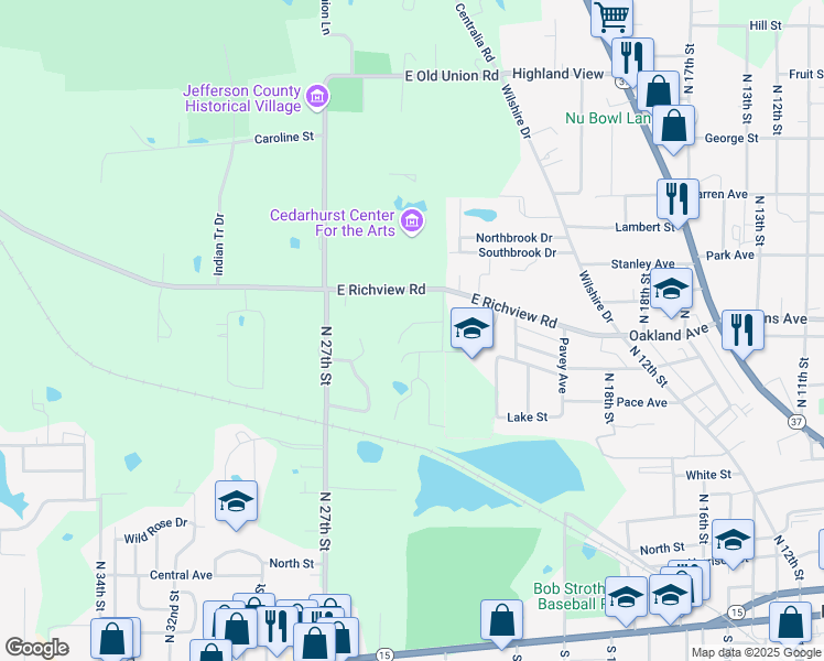 map of restaurants, bars, coffee shops, grocery stores, and more near 2202 Olive Street in Mount Vernon