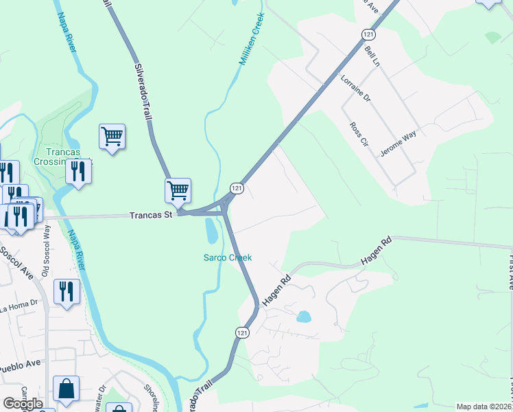 map of restaurants, bars, coffee shops, grocery stores, and more near 1026 Rose Drive in Napa