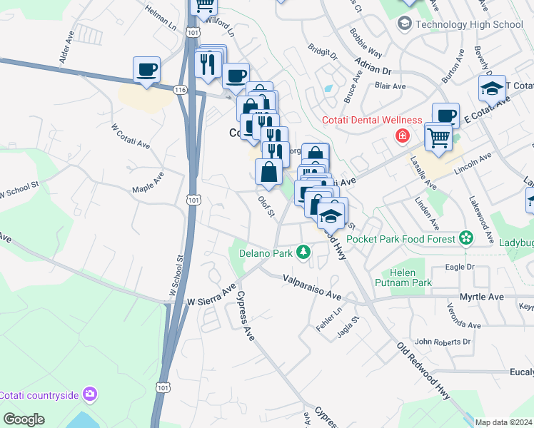 map of restaurants, bars, coffee shops, grocery stores, and more near 8224 El Rancho Drive in Cotati