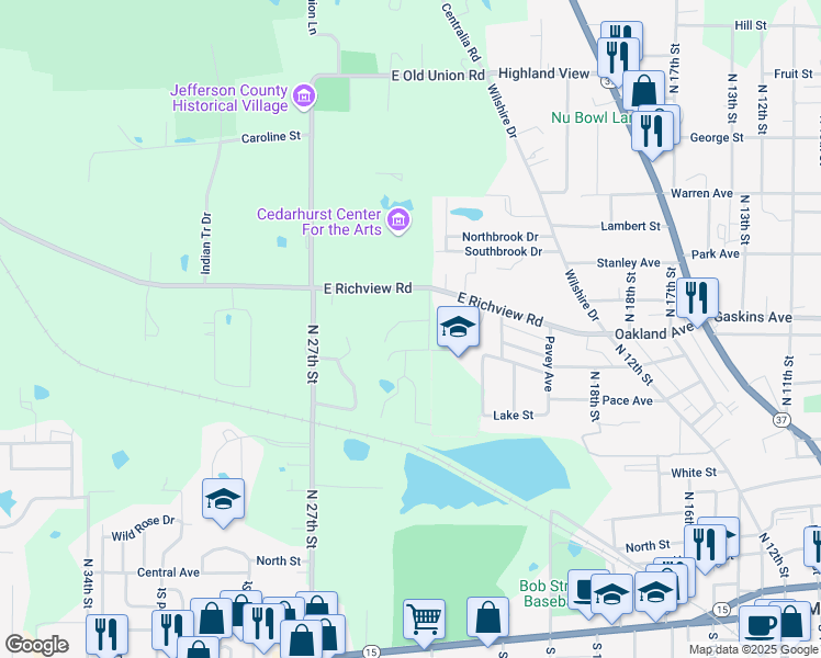 map of restaurants, bars, coffee shops, grocery stores, and more near 2202 Olive Street in Mount Vernon