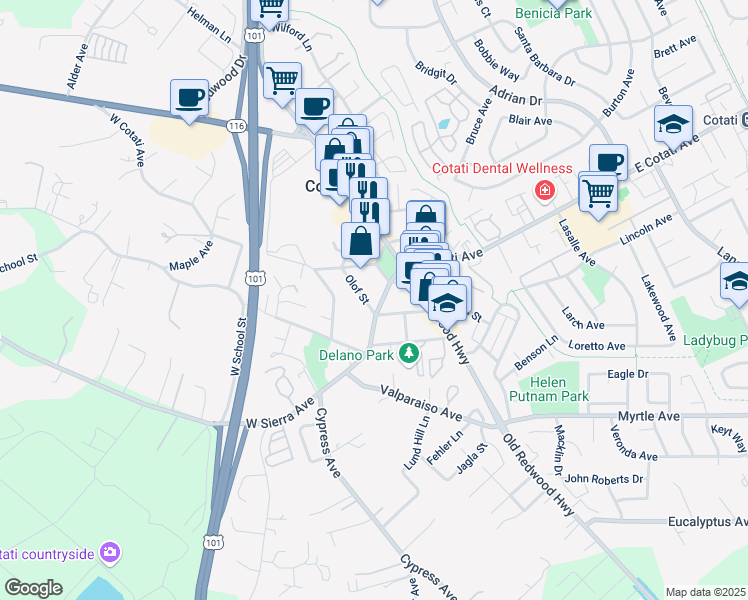 map of restaurants, bars, coffee shops, grocery stores, and more near 71 West Sierra Avenue in Cotati