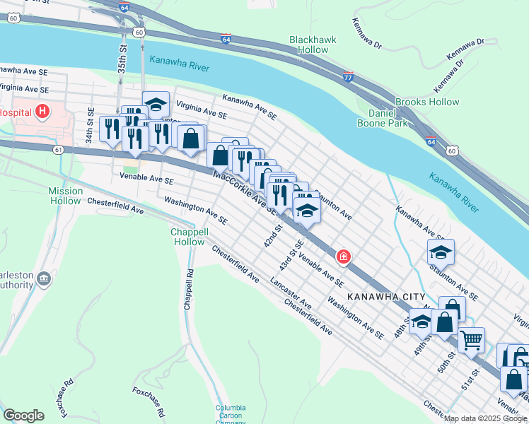 map of restaurants, bars, coffee shops, grocery stores, and more near 4110 Venable Avenue in Charleston