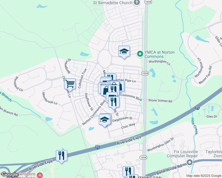 map of restaurants, bars, coffee shops, grocery stores, and more near 10715 Meeting Street in Prospect