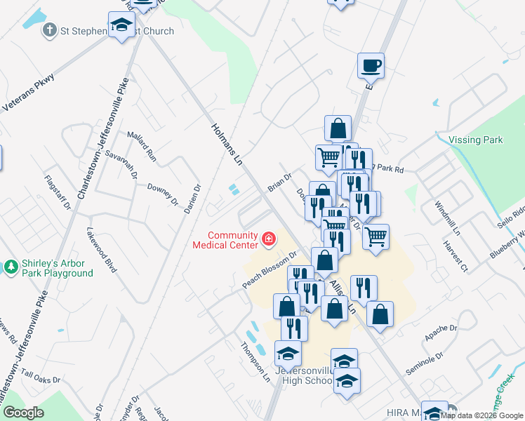 map of restaurants, bars, coffee shops, grocery stores, and more near 2975 Amanda Drive in Jeffersonville