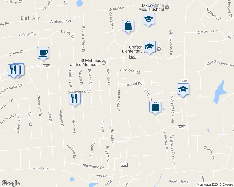 map of restaurants, bars, coffee shops, grocery stores, and more near 36 Summerfield Lane in Fredericksburg