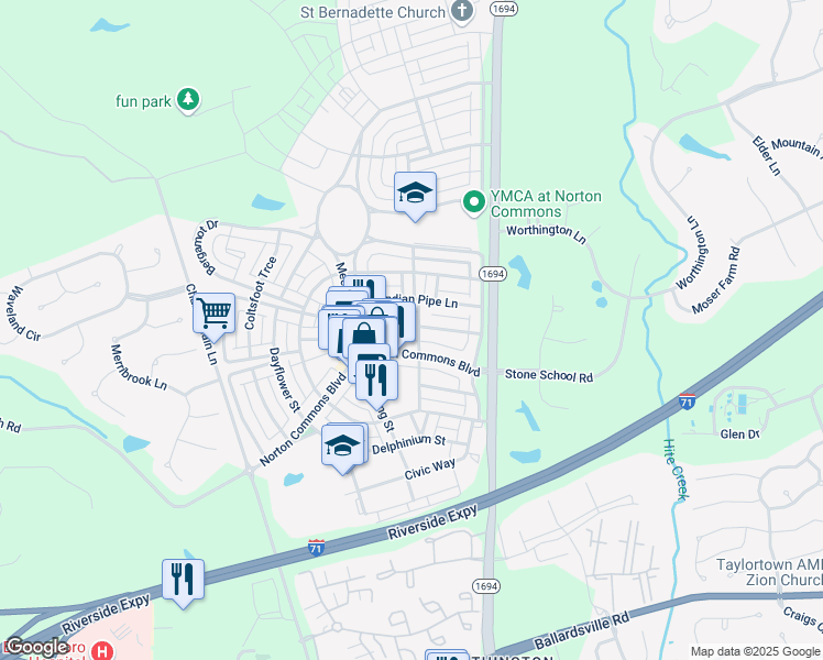 map of restaurants, bars, coffee shops, grocery stores, and more near 9509 Norton Commons Boulevard in Prospect