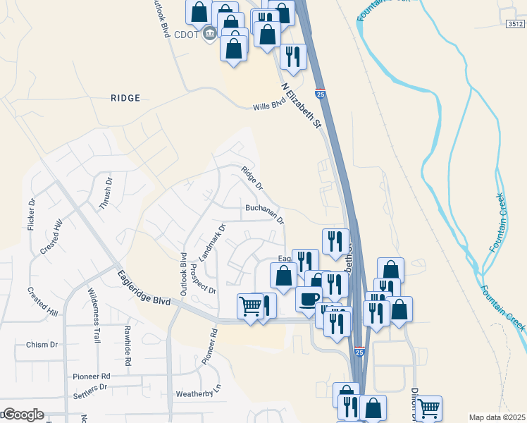 map of restaurants, bars, coffee shops, grocery stores, and more near 5063 Buchanan Drive in Pueblo