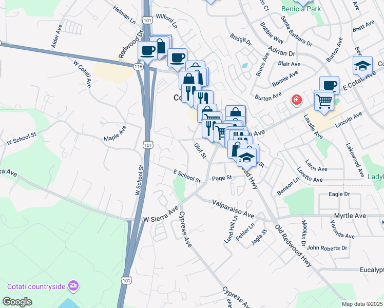 map of restaurants, bars, coffee shops, grocery stores, and more near 8192 El Rancho Drive in Cotati