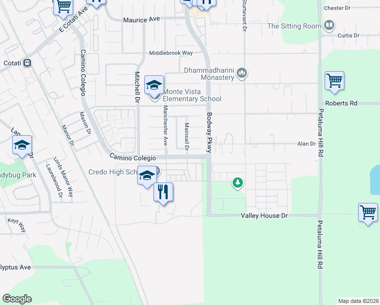 map of restaurants, bars, coffee shops, grocery stores, and more near 1521 Mammoth Place in Rohnert Park