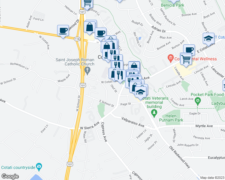 map of restaurants, bars, coffee shops, grocery stores, and more near 8161 Olof Street in Cotati
