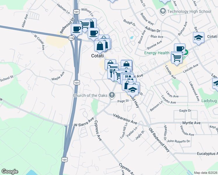 map of restaurants, bars, coffee shops, grocery stores, and more near 73 West Sierra Avenue in Cotati