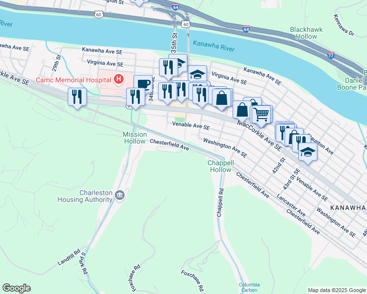 map of restaurants, bars, coffee shops, grocery stores, and more near 3655 Chesterfield Avenue in Charleston