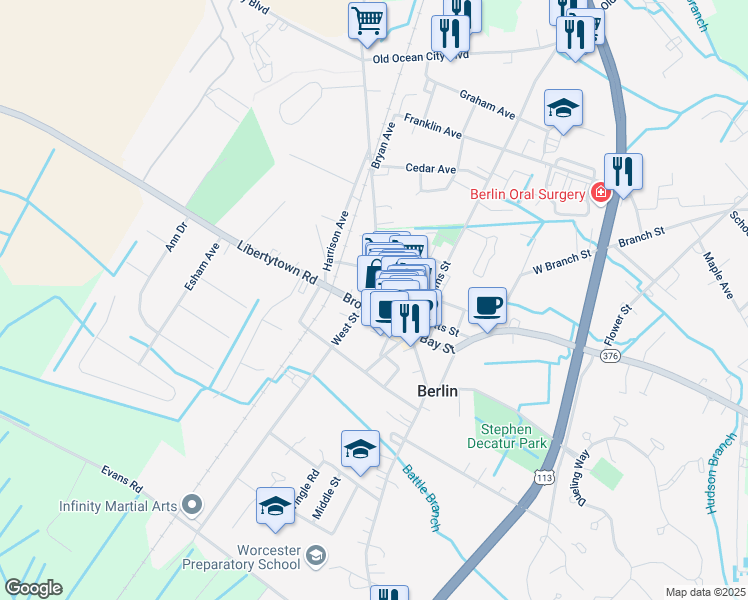 map of restaurants, bars, coffee shops, grocery stores, and more near 24 Broad Street in Berlin