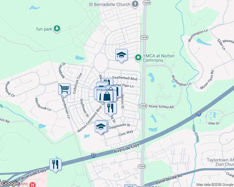 map of restaurants, bars, coffee shops, grocery stores, and more near 9509 Norton Commons Boulevard in Prospect