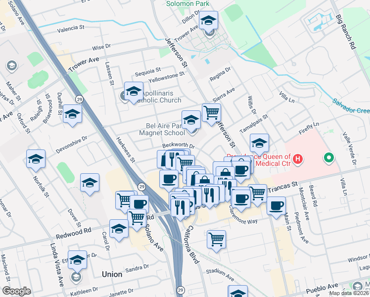 map of restaurants, bars, coffee shops, grocery stores, and more near 3553 Idlewild Avenue in Napa