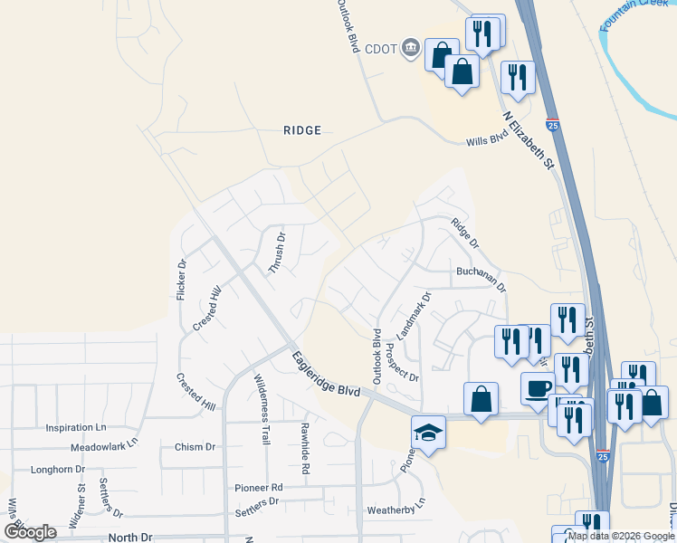 map of restaurants, bars, coffee shops, grocery stores, and more near Ridge Drive in Pueblo