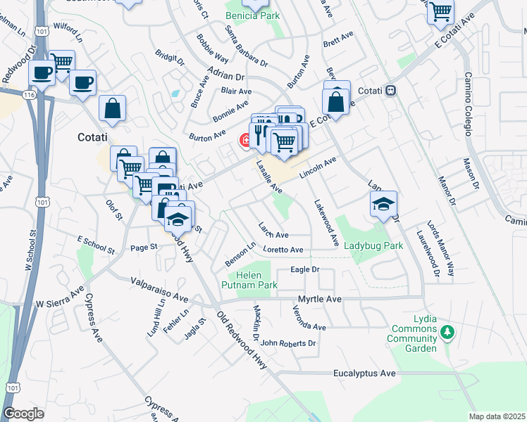 map of restaurants, bars, coffee shops, grocery stores, and more near 8467 Linden Avenue in Cotati