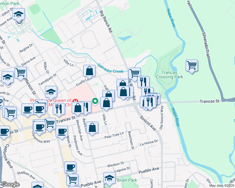 map of restaurants, bars, coffee shops, grocery stores, and more near 710 Trancas Street in Napa