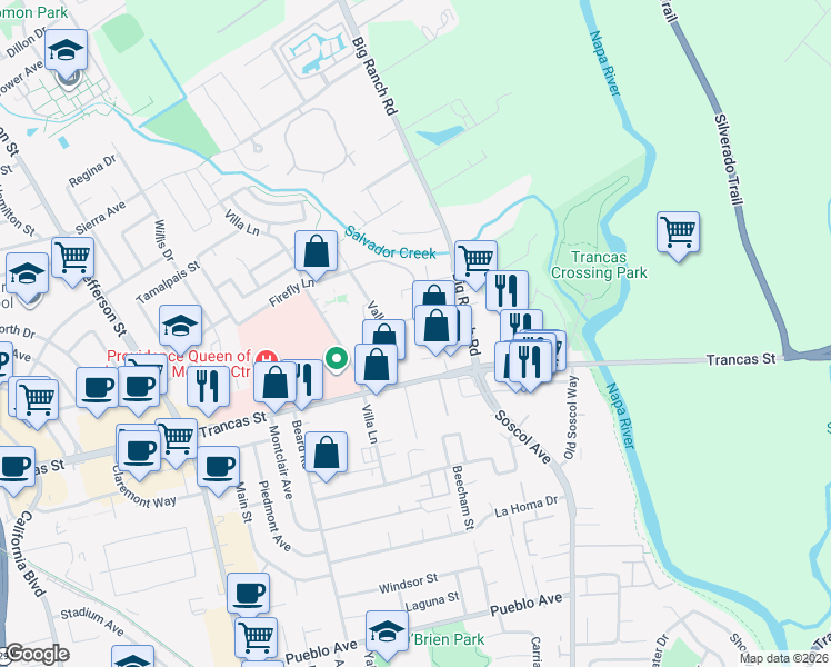 map of restaurants, bars, coffee shops, grocery stores, and more near 710 Trancas Street in Napa