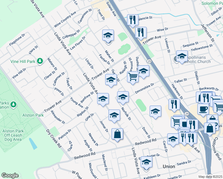 map of restaurants, bars, coffee shops, grocery stores, and more near 2214 Berks Street in Napa
