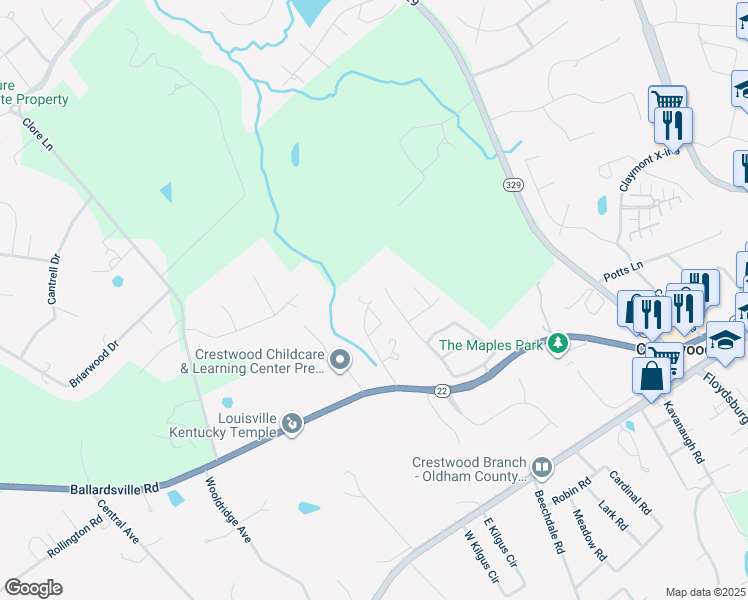 map of restaurants, bars, coffee shops, grocery stores, and more near 6011 Park Woods Road in Crestwood
