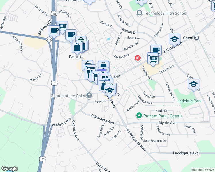 map of restaurants, bars, coffee shops, grocery stores, and more near 21 William Street in Cotati
