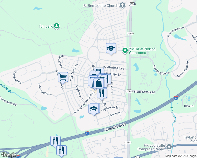 map of restaurants, bars, coffee shops, grocery stores, and more near 9406 Indian Pipe Lane in Prospect