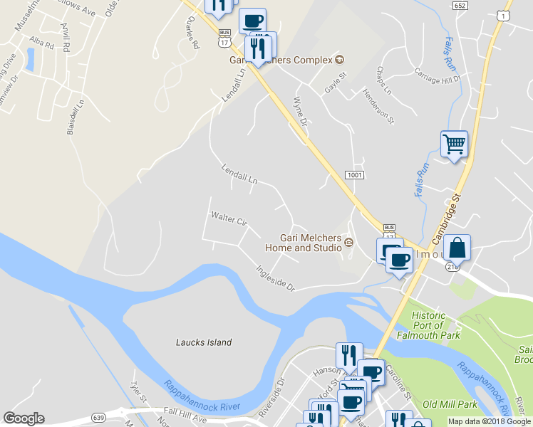 map of restaurants, bars, coffee shops, grocery stores, and more near 3 Patrick Place in Fredericksburg