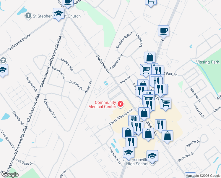 map of restaurants, bars, coffee shops, grocery stores, and more near 2970 Heather Road in Jeffersonville
