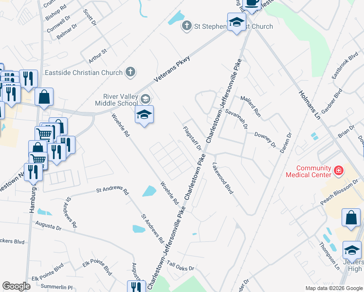 map of restaurants, bars, coffee shops, grocery stores, and more near 3511 Flagstaff Drive in Jeffersonville