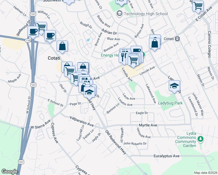 map of restaurants, bars, coffee shops, grocery stores, and more near 231 Lincoln Avenue in Cotati