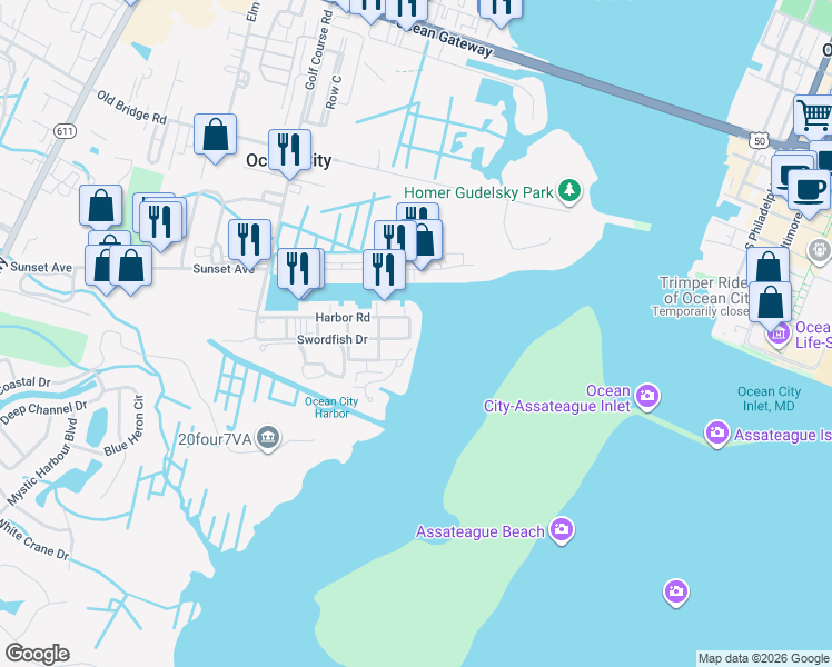 map of restaurants, bars, coffee shops, grocery stores, and more near 12953 Harbor Road in Ocean City
