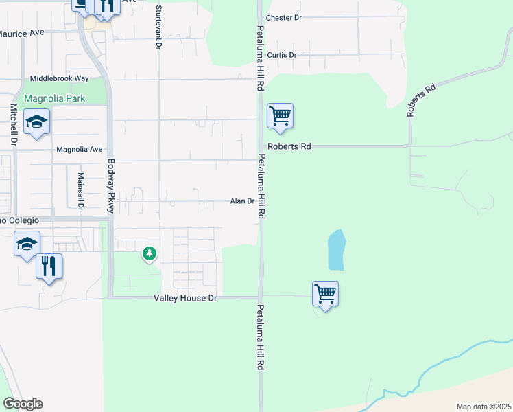map of restaurants, bars, coffee shops, grocery stores, and more near 1990 Alan Drive in Penngrove