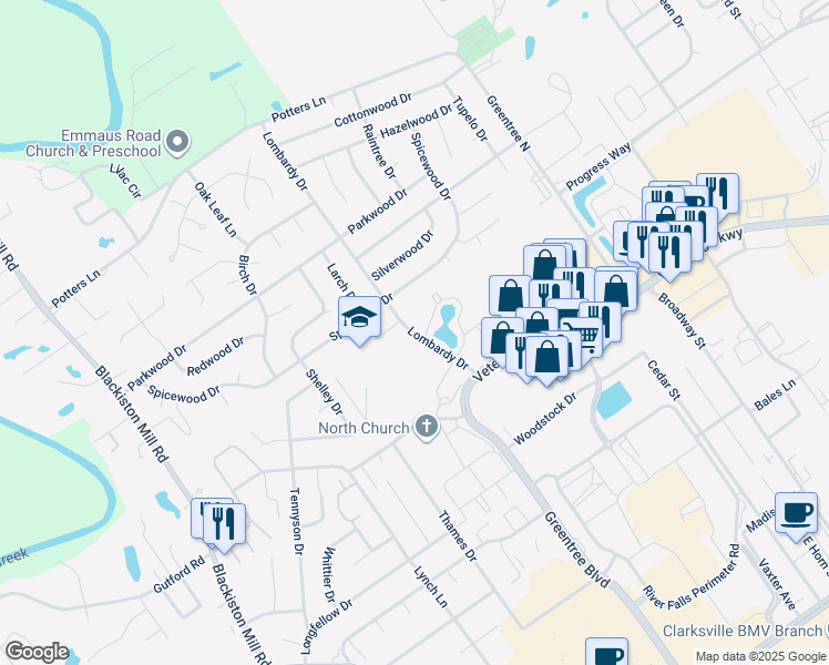 map of restaurants, bars, coffee shops, grocery stores, and more near 2140 Lombardy Drive in Clarksville