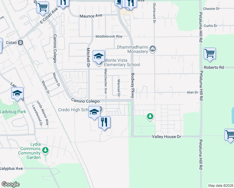 map of restaurants, bars, coffee shops, grocery stores, and more near 8031 Mainsail Drive in Rohnert Park