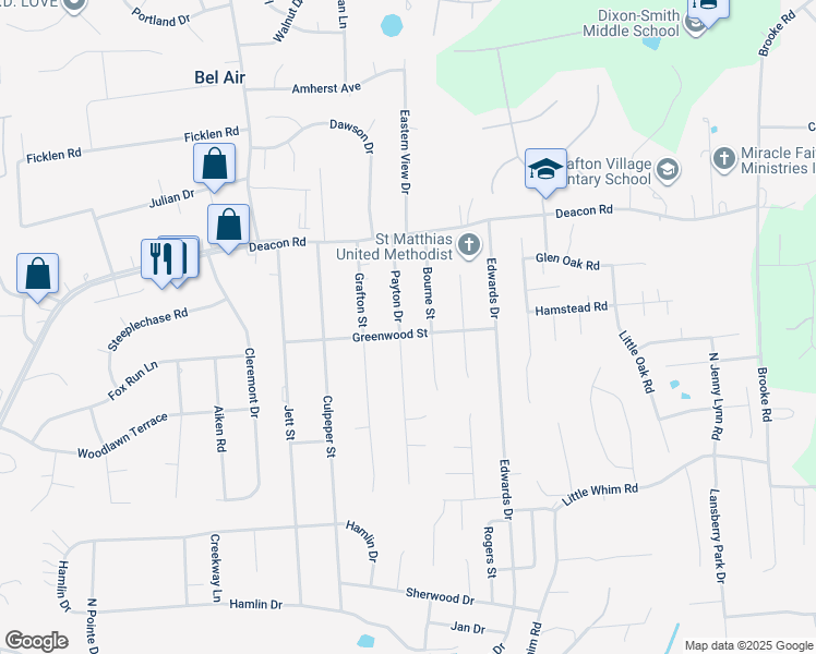 map of restaurants, bars, coffee shops, grocery stores, and more near 800 Payton Drive in Fredericksburg