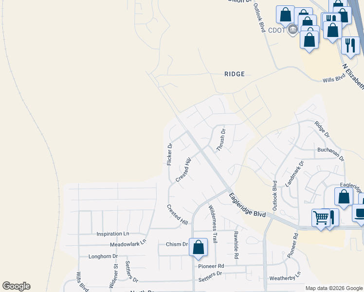 map of restaurants, bars, coffee shops, grocery stores, and more near 5108 Flicker Drive in Pueblo