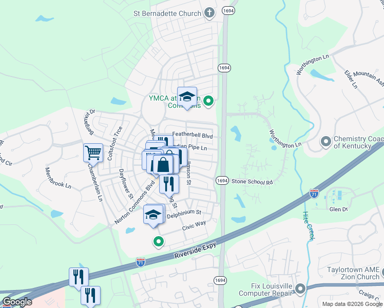 map of restaurants, bars, coffee shops, grocery stores, and more near 9416 Indian Pipe Lane in Prospect