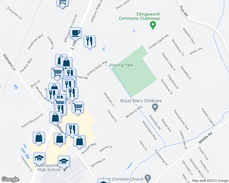map of restaurants, bars, coffee shops, grocery stores, and more near 3502 Sun Rise Circle in Jeffersonville