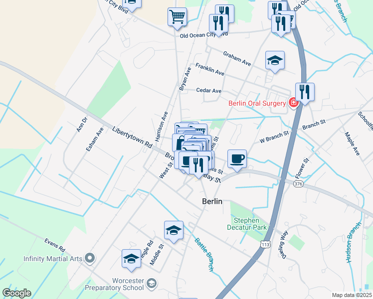 map of restaurants, bars, coffee shops, grocery stores, and more near 124 North Main Street in Berlin