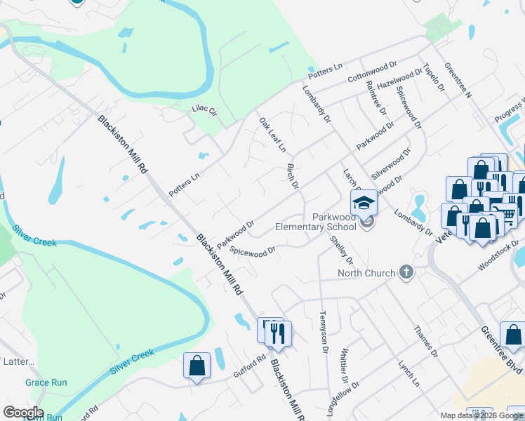 map of restaurants, bars, coffee shops, grocery stores, and more near 631 Parkwood Drive in Clarksville