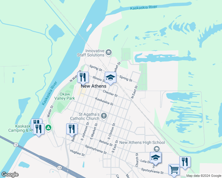 map of restaurants, bars, coffee shops, grocery stores, and more near 208 North Jackson Street in New Athens