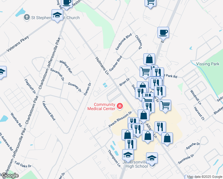 map of restaurants, bars, coffee shops, grocery stores, and more near 2960 Heather Road in Jeffersonville