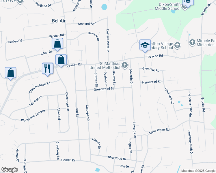 map of restaurants, bars, coffee shops, grocery stores, and more near 800 Payton Drive in Fredericksburg