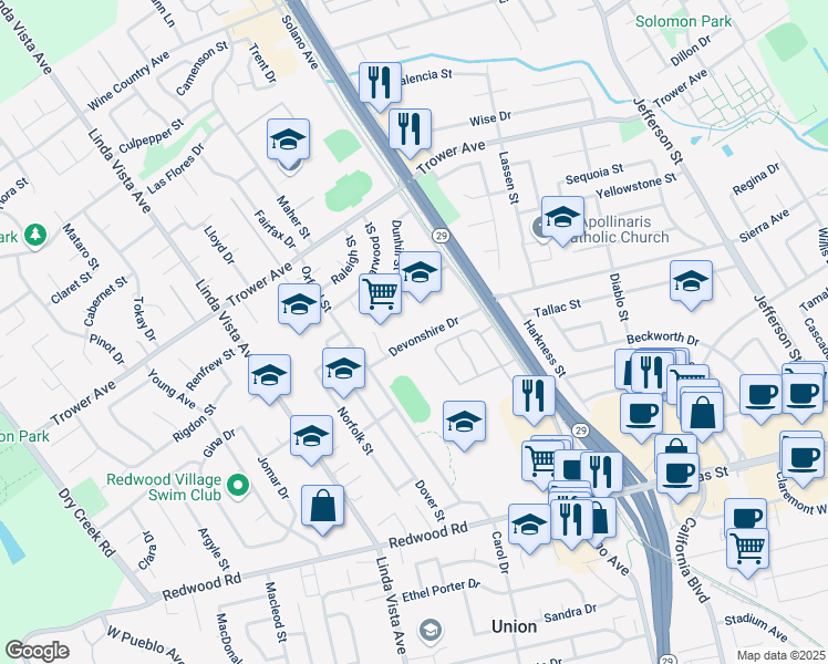 map of restaurants, bars, coffee shops, grocery stores, and more near 2096 Devonshire Drive in Napa