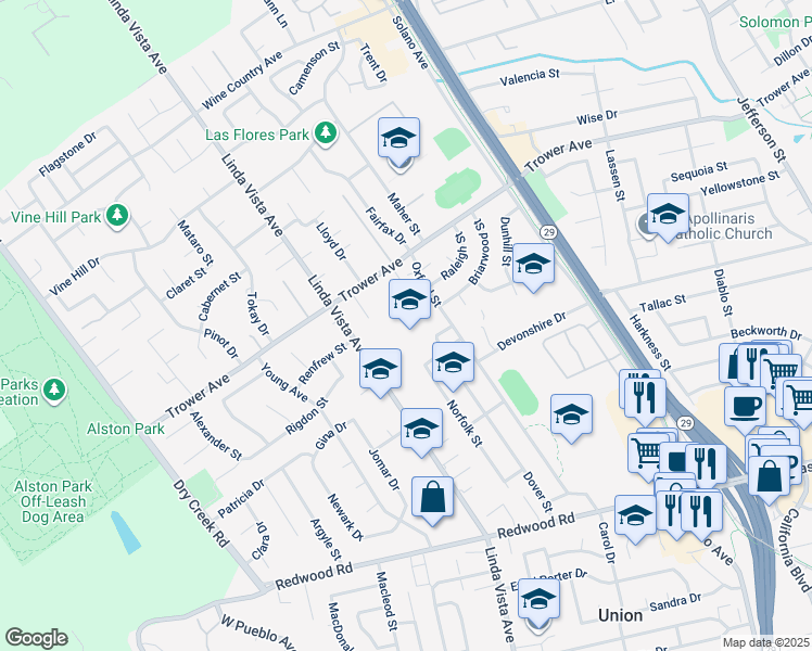 map of restaurants, bars, coffee shops, grocery stores, and more near 2214 Berks Street in Napa