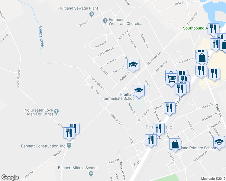 map of restaurants, bars, coffee shops, grocery stores, and more near 204 Walden Drive in Fruitland