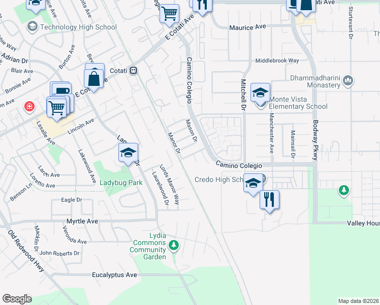 map of restaurants, bars, coffee shops, grocery stores, and more near 8035 Mason Drive in Rohnert Park
